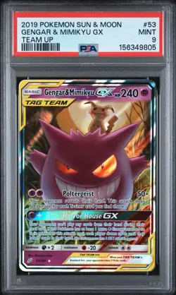 2019 POKEMON SUN & MOON TEAM UP #53 GENGAR & MIMIKYU GX PSA 9 - Image 1