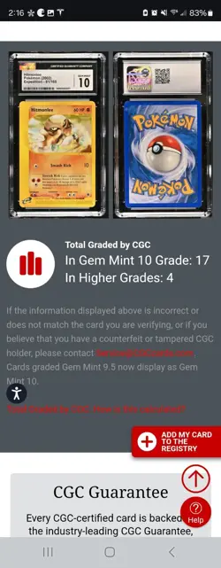 (POP 17) CGC 10 GEM MINT 2002 Pokemon Expedition 81/165 Hitmonlee Card - Image 4