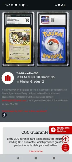 (POP 36) CGC 10 GEM MINT 2002 Expedition 121/165 Meowth Pokemon Card - Image 4