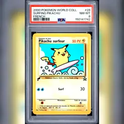 Surfing Pikachu 28 World Collection FRENCH Promo Pokemon Card 2000 WOTC PSA 8 - Image 1