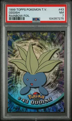 1999 Topps Pokemon TV Animation Blue Logo Rainbow Foil Card #43 Oddish PSA 7 NM - Image 1