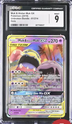 CGC 9 Muk & Alolan Muk GX #61/214 Holo Sun & Moon Unbroken Bonds SM Nm M - Image 1