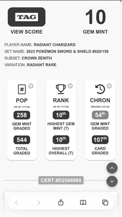 2023 Pokemon SWSH Crown Zenith 020/159 Radiant Charizard Rare TAG 10 - Image 4