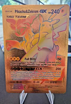 Pokemon Pikachu & Zekrom GX Tag Team 184/181 Rainbow Gold Foil Fan Art - Image 1