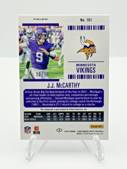 2024 Optic Contenders - J.J. McCarthy Rookie Ticket Auto /10 Gold Variation #101 - Image 2