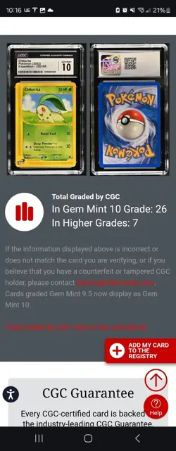 (POP 26) CGC 10 GEM MINT Chikorita 100/165 2002 Expedition Ereader Pokemon - Image 4