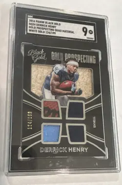 Derrick Henry RC Panini Black Gold, Gold Prospecting Quad Material 124/199 SGC 9 - Image 1