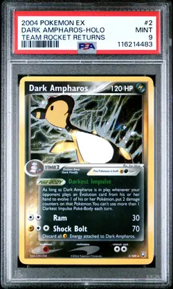 2004 POKEMON EX TEAM ROCKET RETURNS #2 DARK AMPHAROS-HOLO PSA 9 - Image 1