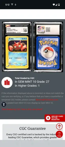 (POP 27) CGC 10 GEM MINT 2002 Pokemon Expedition Krabby eReader 115/165 - Image 4