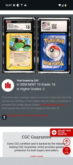 (POP 16) CGC 10 GEM MINT Pokemon 2002 Expedition Base Set 88/165 Pidgeotto - Image 4
