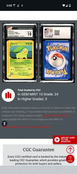 (POP 24) CGC 10 GEM MINT Chikorita 99/165 Pokemon Expedition 2002 eReader - Image 4