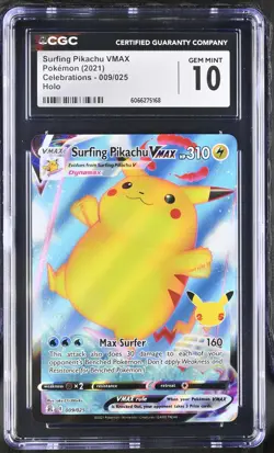 CGC 10 GEM MINT Surfing Pikachu VMAX 2021 Celebrations 009/025 Holo Pokemon Card - Image 1