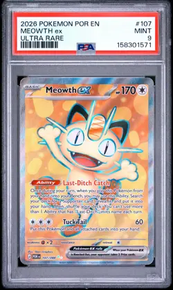 2026 Pokemon Por En-Perfect Order #107 Meowth Ex Ultra Rare PSA 9 - Image 1