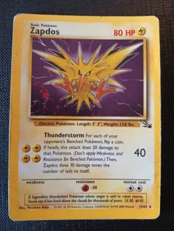 Zapdos Fossil Set 15/62 Shiny Holo Old Rare Pokemon Card 1999 - Image 1