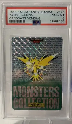 1996 POKEMON JAPANESE BANDAI CARDDASS VENDING #145 ZAPDOS PRISM PSA 8 - Image 1