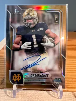 2025 Bowman U Chrome Jaden Greathouse Gold ShimmerOn-Card Auto #d /50 Notre Dame - Image 1