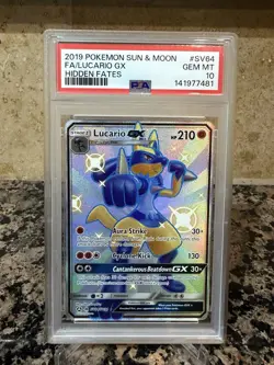 Pokemon 2019 Hidden Fates Shiny Vault Lucario GX SV64/SV94 Full Art Holo PSA 10 - Image 1