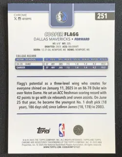 2025-26 Topps Chrome #251 Cooper Flagg Rookie Dallas Mavericks Basketball Card - Image 2