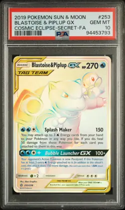 2019 POKEMON SUN & MOON COSMIC ECLIPSE FULL ART/BLASTOISE & PIPLUP GX PSA 10 - Image 1
