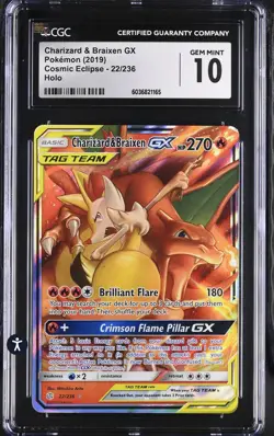 CGC 10 2019 POKEMON SUN & MOON COSMIC ECLIPSE #22 CHARIZARD & BRAIXEN GX - Image 1
