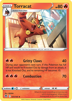 Torracat 031/195 Uncommon Silver Tempest Pokemon Reverse Holo Near Mint - Image 1