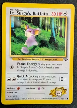 Lt. Surge’s Rattata 85/132 Gym Challenge Pokemon Card MP Vintage WOTC - Image 1
