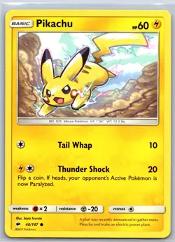 Pikachu 40/147 Common Burning Shadows Pokemon Near Mint - Image 1