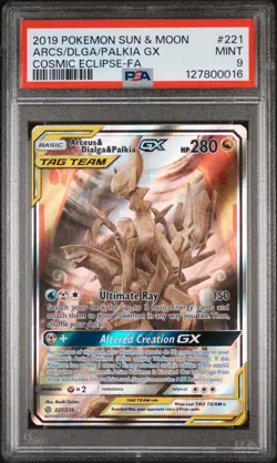 2019 POKEMON Arceus & Dialga & Palkia GX #221/236 PSA 9 Cosmic Eclipse - Image 1