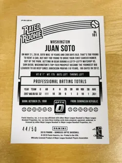 Juan Soto 2018 Donruss Optic Carolina Blue Holo 44/50 Refractor Rated Rookie RC - Image 2