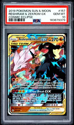 2019 POKEMON SUN & MOON COSMIC ECLIPSE #157 RESHIRAM & ZEKROM GX PSA 10 - Image 1