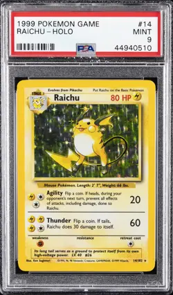1999 POKEMON BASE SET UNLIMITED #14 RAICHU-HOLO PSA 9 - Image 1