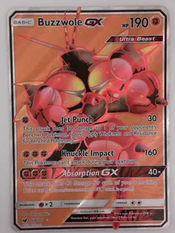 Buzzwole GX 104/111 Ultra Rare Crimson Invasion Pokemon Holo Damaged - Image 1