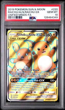 PSA 10 Raichu & Alolan Raichu GX Full Art 220/236 Sun & Moon Unified Minds - Image 1