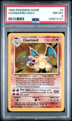1999 POKEMON BASE SET UNLIMITED #4 CHARIZARD-HOLO PSA 8 - Image 1