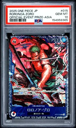 2025 ONE PIECE JAPANESE PROMOS OFFICIAL EVENT PRIZE-ASIA RORONOA ZORO PSA 10 - Image 1