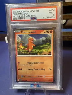 PSA 9 Charmander 004 151 5-Pack Mini Tins Pokemon 2024 Pokemon Mew En-151 - Image 1