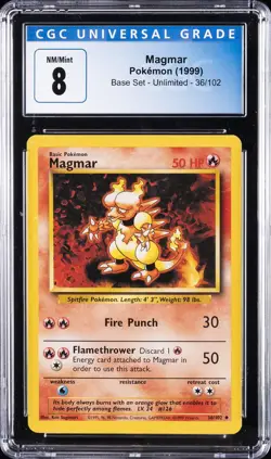 1999 POKEMON BASE SET UNLIMITED #36/102 MAGMAR CGC 8 - Image 1