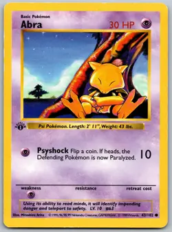 1999 Pokemon Base Set Shadowless Abra 43/102 Common 1st Edition DMG - Image 1