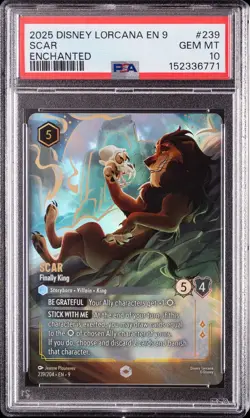 2025 DISNEY LORCANA EN 9-FABLED ENCHANTED #239 SCAR - FINALLY KING PSA 10 - Image 1