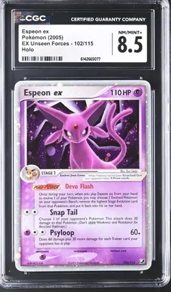 CGC 8.5 NM/MINT+ Espeon EX 102/115 EX Unseen Forces Holo Swirl Pokemon Card - Image 1