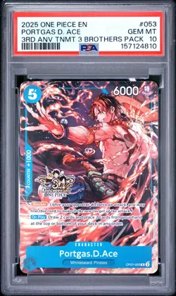 2025 One Piece 3rd Anniversary Tournament 3 Brothers Pack Portgas D. Ace PSA 10 - Image 1