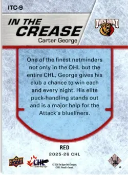 Carter George Owen Sound 2025-26 UD CHL In The Crease RED #/199 ITC-9 - Image 2