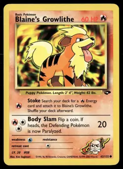 Blaine's Growlithe 62/132 Common Gym Challenge Pokemon Unlimited LP - Image 1
