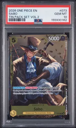 2026 ONE PIECE PROMOS 073 SABO TIN PACK SET VOL.2 PSA 10 - Image 1