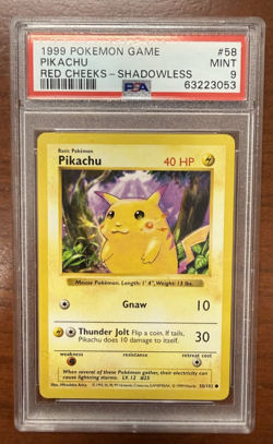 1999 Pokemon Game 58/102 Pikachu Red Cheeks Shadowless PSA 9 MINT - Image 1