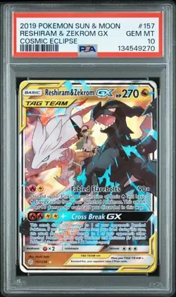 2019 POKEMON SUN & MOON COSMIC ECLIPSE #157 RESHIRAM & ZEKROM GX PSA 10 - Image 1