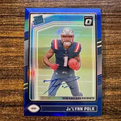 2024 Panini Donruss Optic Ja'Lynn Polk #240 Blue Prizm Auto #28/99 Patriots RC - Image 1