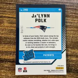 2024 Panini Donruss Optic Ja'Lynn Polk #240 Blue Prizm Auto #28/99 Patriots RC - Image 2