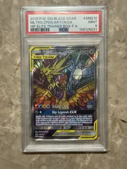 Pokemon 2019 Moltres Zapdos Articuno GX SM210 Stained Glass Hidden Fates PSA 9 - Image 1