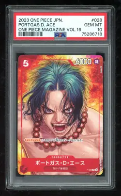 One Piece Japanese P-028 Portgas D. Ace 2023 Magazine 16 Promo PSA 10 75286718 - Image 1